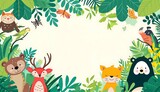 Illustrated wildlife harmony with a deer, fox, birds, giraffes, and lush flora in a vibrant, whimsical forest scene. Generative AI