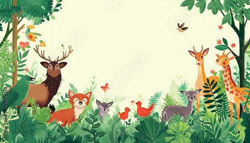 Illustrated wildlife harmony with a deer  fox  birds  giraffes  and lush flora in a vibrant  whimsical forest scene. Generative AI