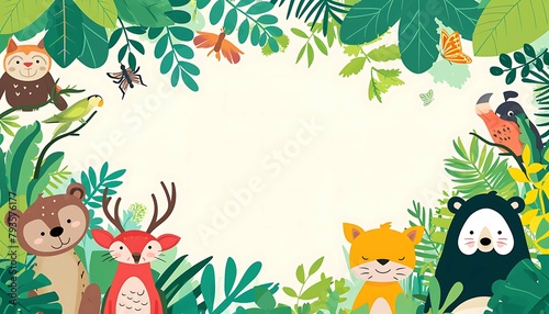 Illustrated wildlife harmony with a deer  fox  birds  giraffes  and lush flora in a vibrant  whimsical forest scene. Generative AI