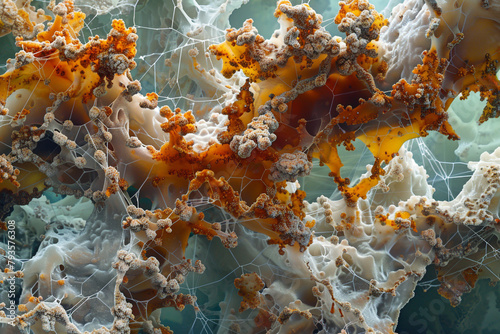 An image of a detailed fungal mycelium network growing on a solid culture medium, showcasing the intricate patterns and structures of fungi. photo