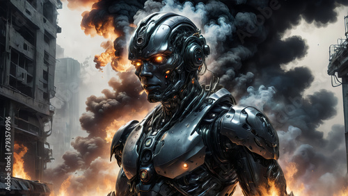 Close up Humanoid cyborg with apocalypse destruction fire smoke around