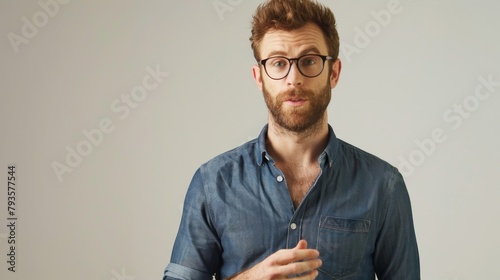 A human resources specialist in business casual, conducting a workshop, looking approachable and friendly, against a simple off-white backdrop, styled as an HR training session. photo