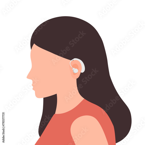 Woman with hearing aid device inserted into ear. Deaf and hear aid concept.