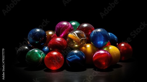 Assorted Colorful Marbles Gleaming on Dark Elegance