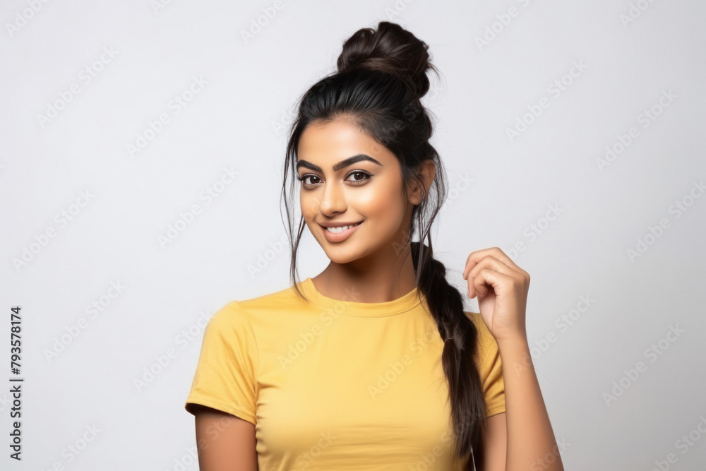 young and stylish woman in yellow t shirt young and stylish woman in yellow t shirt