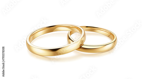 A Pair of gold golden Wedding ring on a plain white background, macro shot, detailed rings, white 