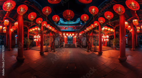 Chinese style architecture, an archway surrounded in the style of red lanterns, a symmetrical composition, a wideangle lens, a night scene, bright colors, a festive atmosphere, lantern light reflectin photo