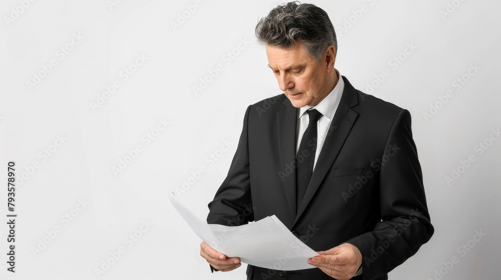 A legal advisor in a classic black suit, reading a legal document, looking meticulous and focused, against a simple white background, styled as a professional legal portrait. A legal advisor in a classic black suit, reading a legal document, looking meticulous and focused, against a simple white background, styled as a professional legal portrait.