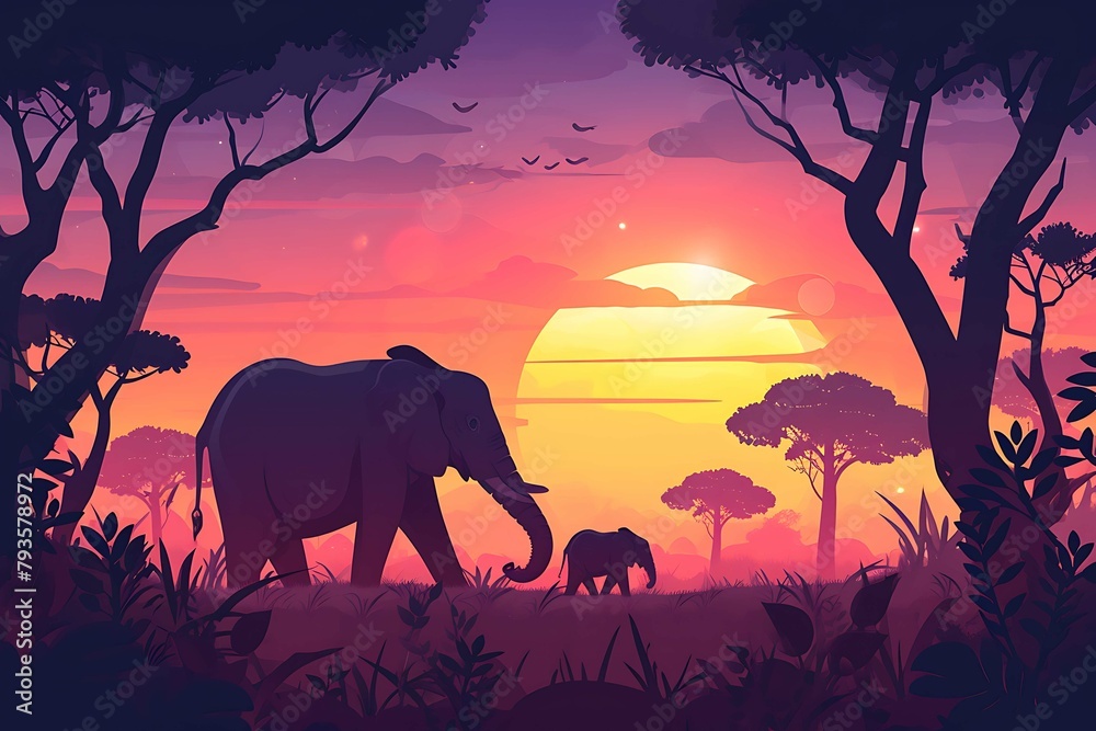 Silhouettes of an elephant and calf against a radiant sunset with acacia trees and a flock of birds in a tranquil savanna setting. Generative AI Silhouettes of an elephant and calf against a radiant sunset with acacia trees and a flock of birds in a tranquil savanna setting. Generative AI