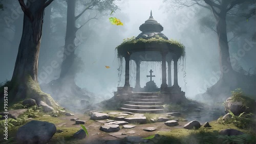 Explore the eerie beauty of an old well's remains veiled in thick fog amidst the silent embrace of the forest in this haunting 4K loop. photo