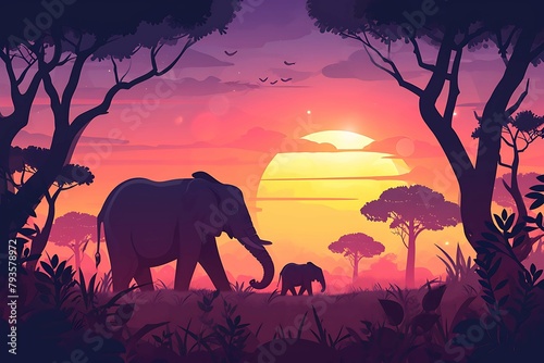Silhouettes of an elephant and calf against a radiant sunset with acacia trees and a flock of birds in a tranquil savanna setting. Generative AI
