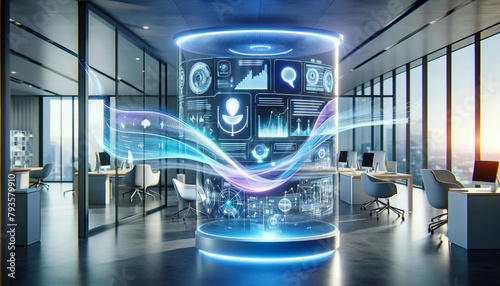 An image of a futuristic AI chatbot interface projected in the air and displaying fluid interactive holographic text and charts. The background features a modern, minimalist office with soft blue ligh photo