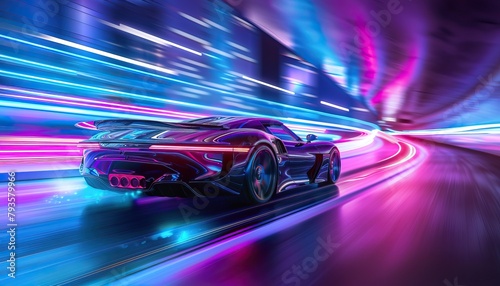 A car is driving down a street with neon lights by AI generated image