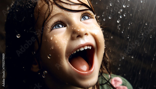 Close-up portrait of a young girl with her head thrown back and her mouth open, catching raindrops. She has wide, expressive eyes and water droplets on her face, reflecting a feeling of joy and surpri photo
