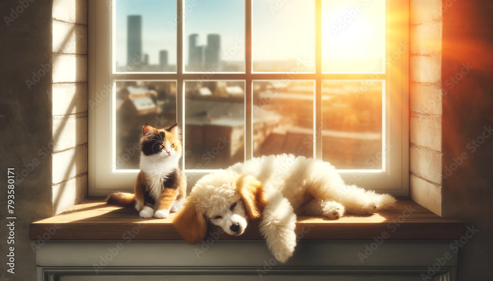 A calico kitten and a cream poodle puppy are stretched out on a sunny windowsill. Both animals are enjoying the warmth of the sun while the city skyline is visible against a soft background.