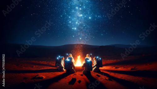 Astronauts in state-of-the-art spacesuits huddled around a warm, glowing fire on Mars, under a clear night sky filled with stars. The Martian soil around them is covered with red sand and rocks. photo