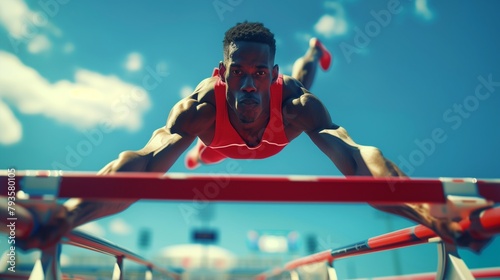 A track and field athlete clearing the hurdles with agility, determination etched on their face, captured in a sequence of frames that showcase the speed and skill of Olympic hurdling photo