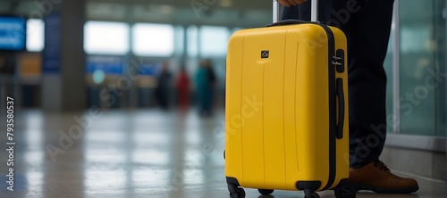 Yellow baggage in blurred typical airport interior copy space with window sunlight background focus on bag travel concept