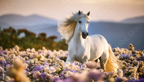 A beautiful white horse with a big, bouncy hairdo, prancing through a field of colorful flowers photo