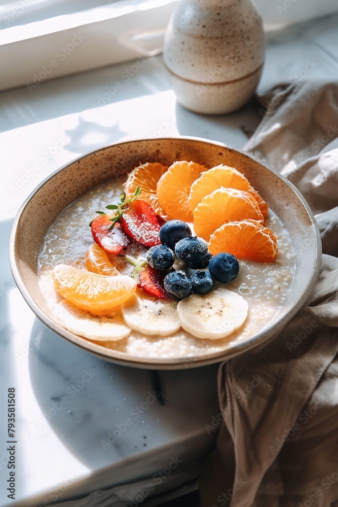 Oatmeal topped with fresh fruits in a bowl on a marble surface. Generated AI. Oatmeal topped with fresh fruits in a bowl on a marble surface. Generated AI.