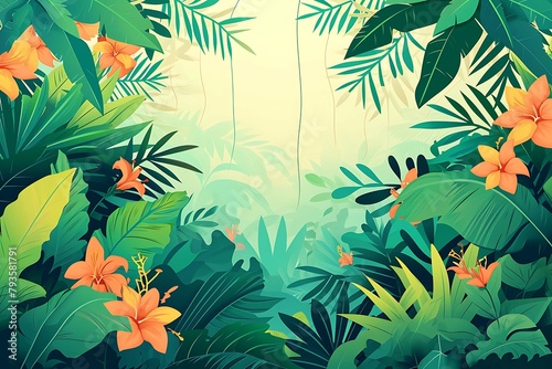Lush tropical jungle illustration with dense foliage, vibrant hibiscus flowers, and distant misty mountains, evoking a sense of exploration. Generative AI