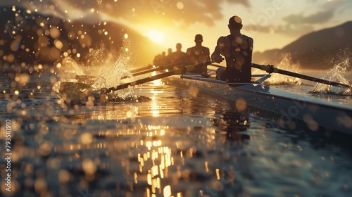 A rowing team powering through the water with synchronized precision, oars dipping and pulling in unison, captured in a dynamic shot that conveys the teamwork and power of Olympic rowing photo