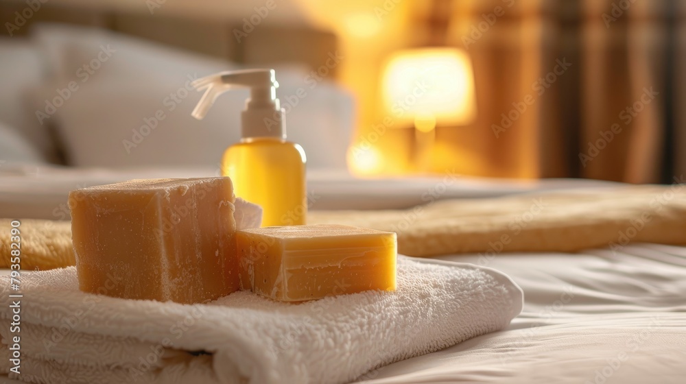 Shampoo and soap placed on a bed with a white towel