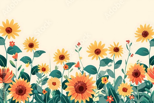 A charming illustration of blooming sunflowers with lush green leaves, set against a soft, neutral background. Generative AI