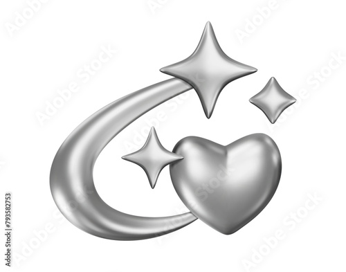 3d chrome element. Futuristic geometric shapes. Metal stars and heart on abstract orbit. y2k design symbol. Vector illustration. Isolated sparkle, cosmic art.