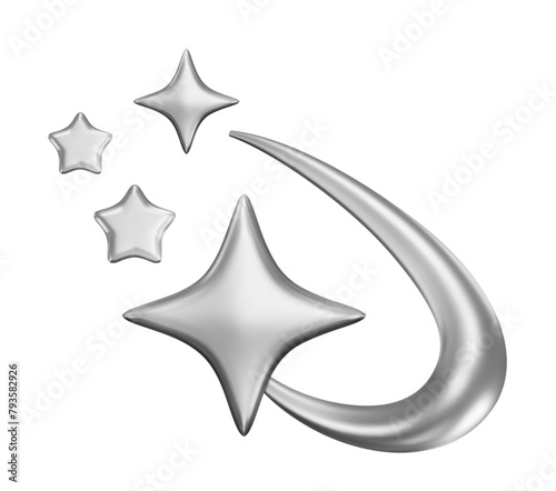 3d chrome stars render in futuristic y2k style. Vector isolated illustration. Techno design element, cyber shapes, geometric magic symbol. Abstract beam, dynamic galaxy, shiny sky.