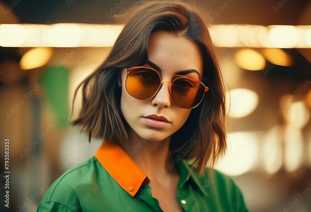 a photography of a woman with sunglasses and a green shirt.
