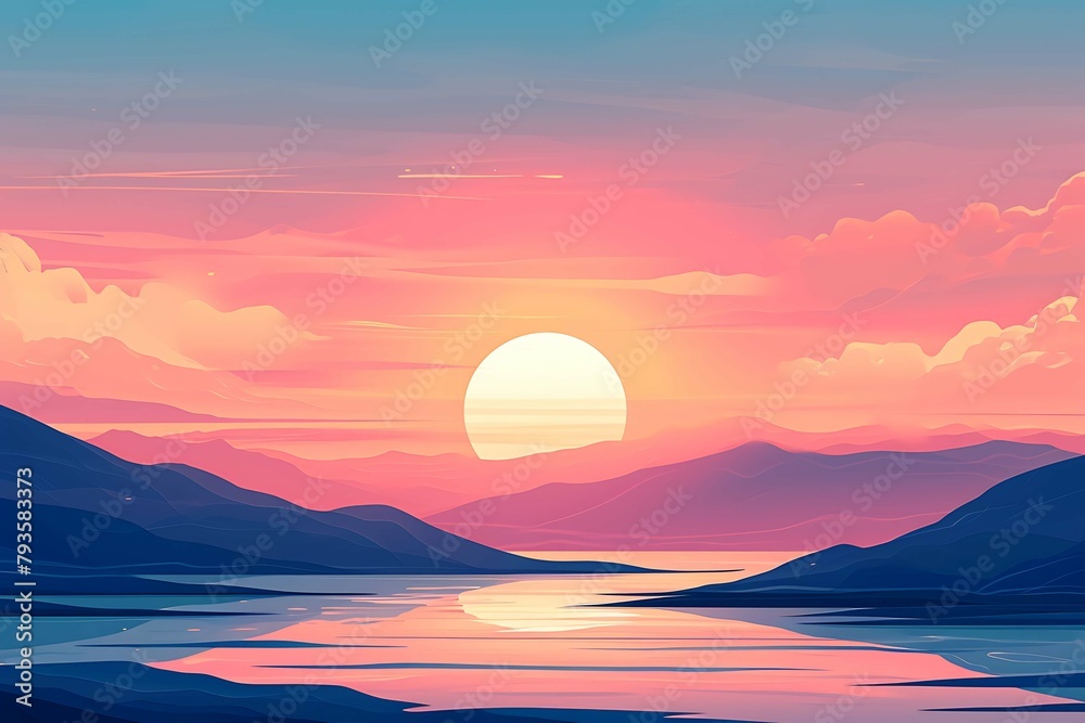 A serene twilight scene over a calm lake, with the sun setting behind mountains under a starry sky, and a lone sailboat in the distance. Generative AI - obrazy, fototapety, plakaty 