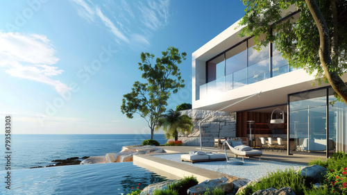 A contemporary coastal villa with sleek design and stunning sea views, captured on a bright and sunny summer day.