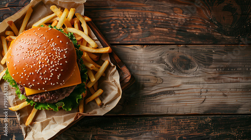 A classic cheeseburger with fries displayed on a wooden table. Copy space.