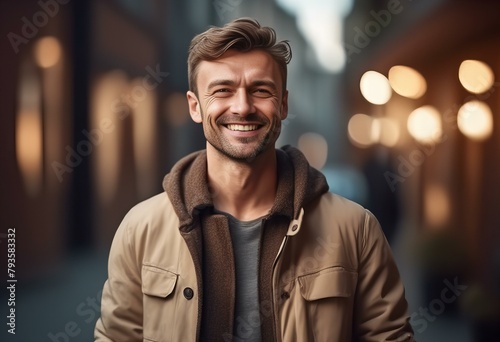 a photography of a man smiling and wearing a jacket. photo