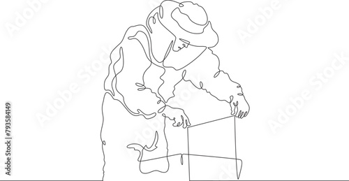 Beekeeper at the apiary. The beekeeper extracts honey. A man in a protective suit takes out a honeycomb. One continuous line . Line art. Minimal single line.White background. One line drawing. 