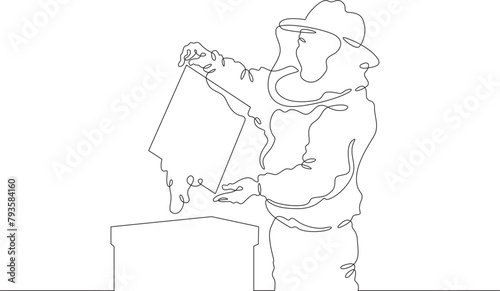 Beekeeper at the apiary. The beekeeper extracts honey. A man in a protective suit takes out a honeycomb. One continuous line . Line art. Minimal single line.White background. One line drawing. 