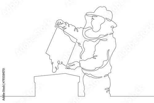 Beekeeper at the apiary. The beekeeper extracts honey. A man in a protective suit takes out a honeycomb. One continuous line . Line art. Minimal single line.White background. One line drawing. 