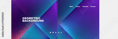 An entertainmentthemed geometric background featuring a gradient of purple, violet, and electric blue. The design includes triangles, rectangles, and a symmetrical layout with a magenta font photo