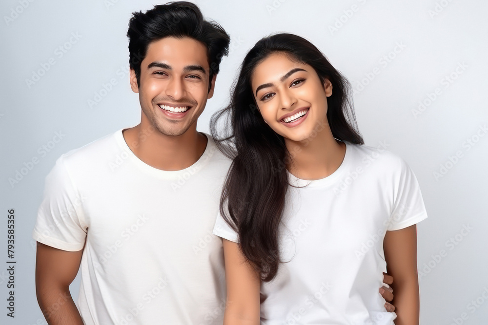 Indian couple in white t shirt on white background