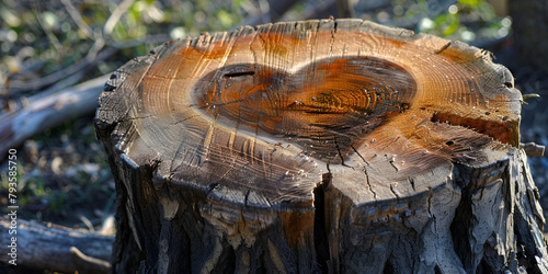 close-up of tree heart showcasing growth created with Enchanting Close-up: Capturing the Intricate Details of a Tree Log heart shaped apple tree log between grass shot with sunlight.