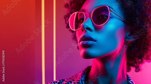 A woman with pink sunglasses and a leopard print shirt looks stylish and trendy. Copy space. Neon light. Night club concept.