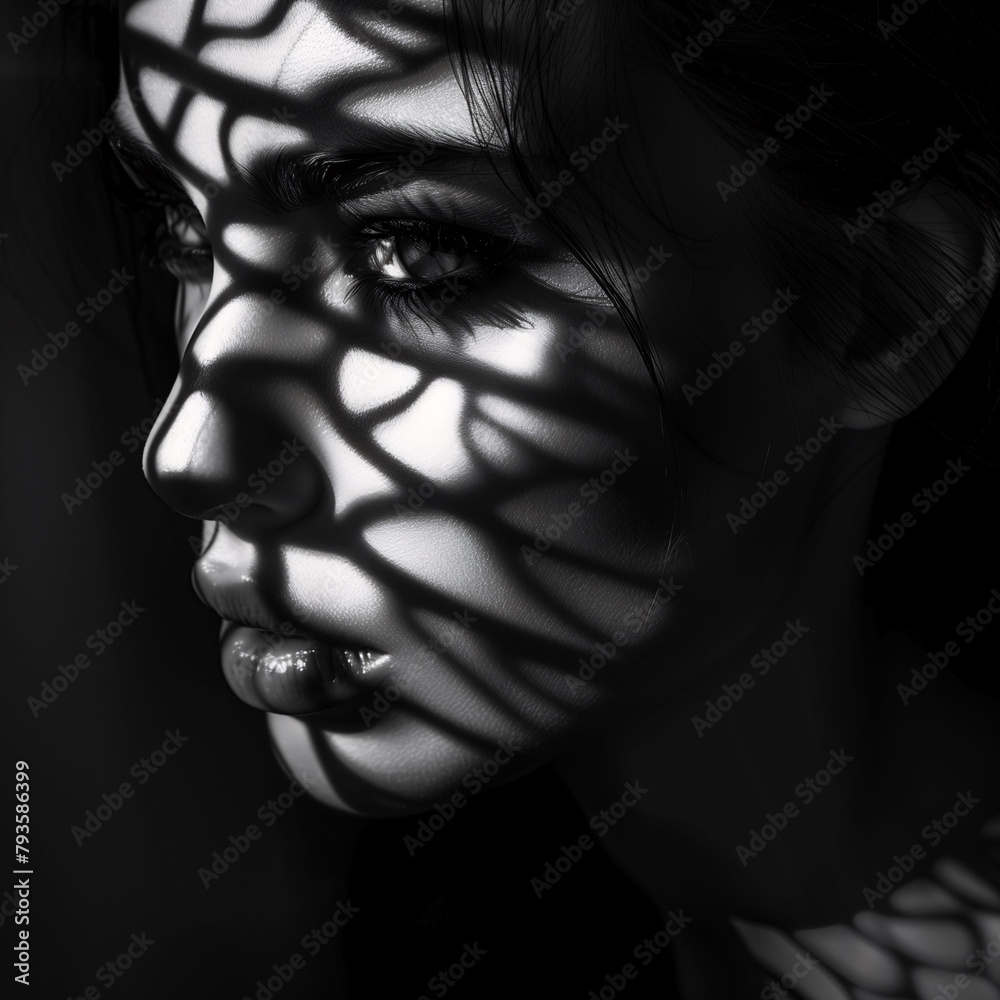 Dramatic Black and White Portrait of Woman with Shadow Patterns on Face