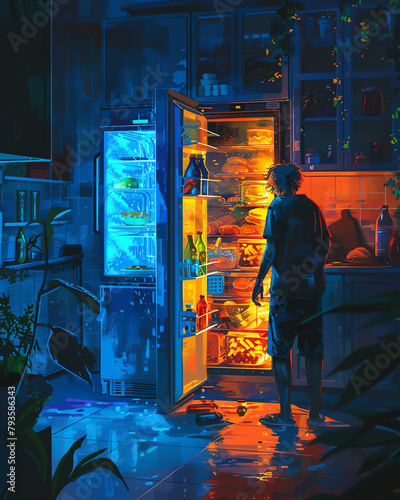 Detailed illustration showing a fridge open at night, with a sneaky character grabbing snacks, highlighted by the light from the fridge photo