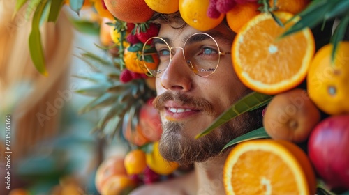 Male dressed in fresh fruit costume. Photo of happy man wearing dress made of various fruits