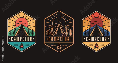Vintage badge emblem Camping outdoor landscape logo icon vector template on black background