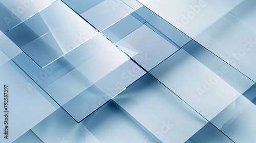 A sleek and modern abstract pattern of overlapping transparent glass panels in shades of frosty blue and clear white.