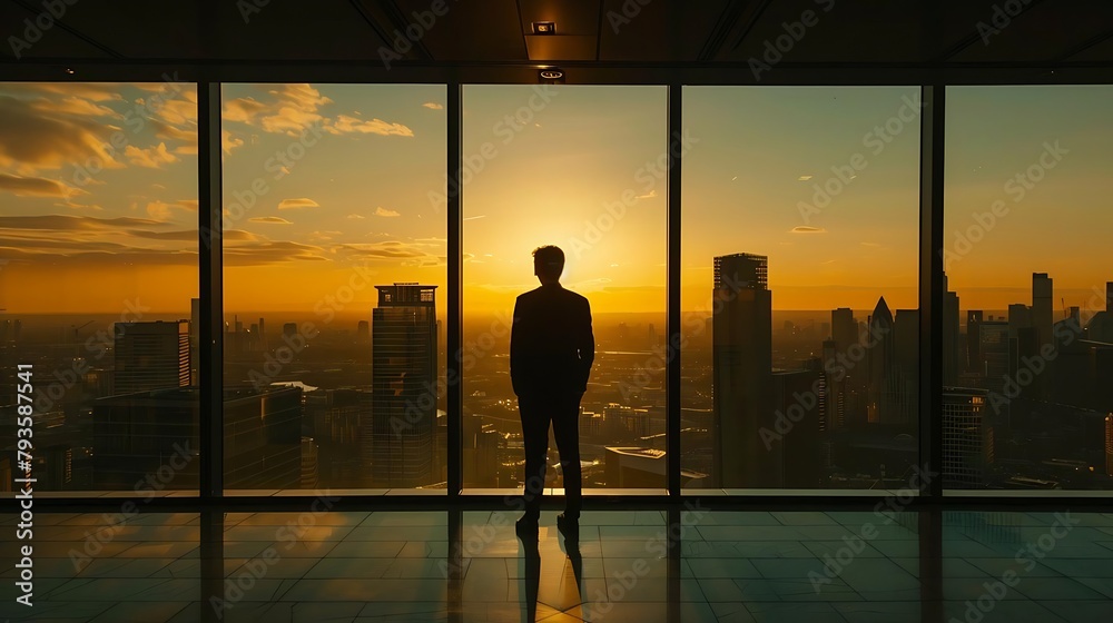a business person standing in a high-rise office with floor-to-ceiling windows overlooking a sprawling city skyline