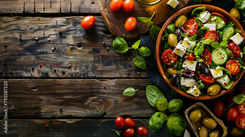 A wooden table is topped with a bowl of fresh and colorful Greek salad with feta and olives. Copy space.
