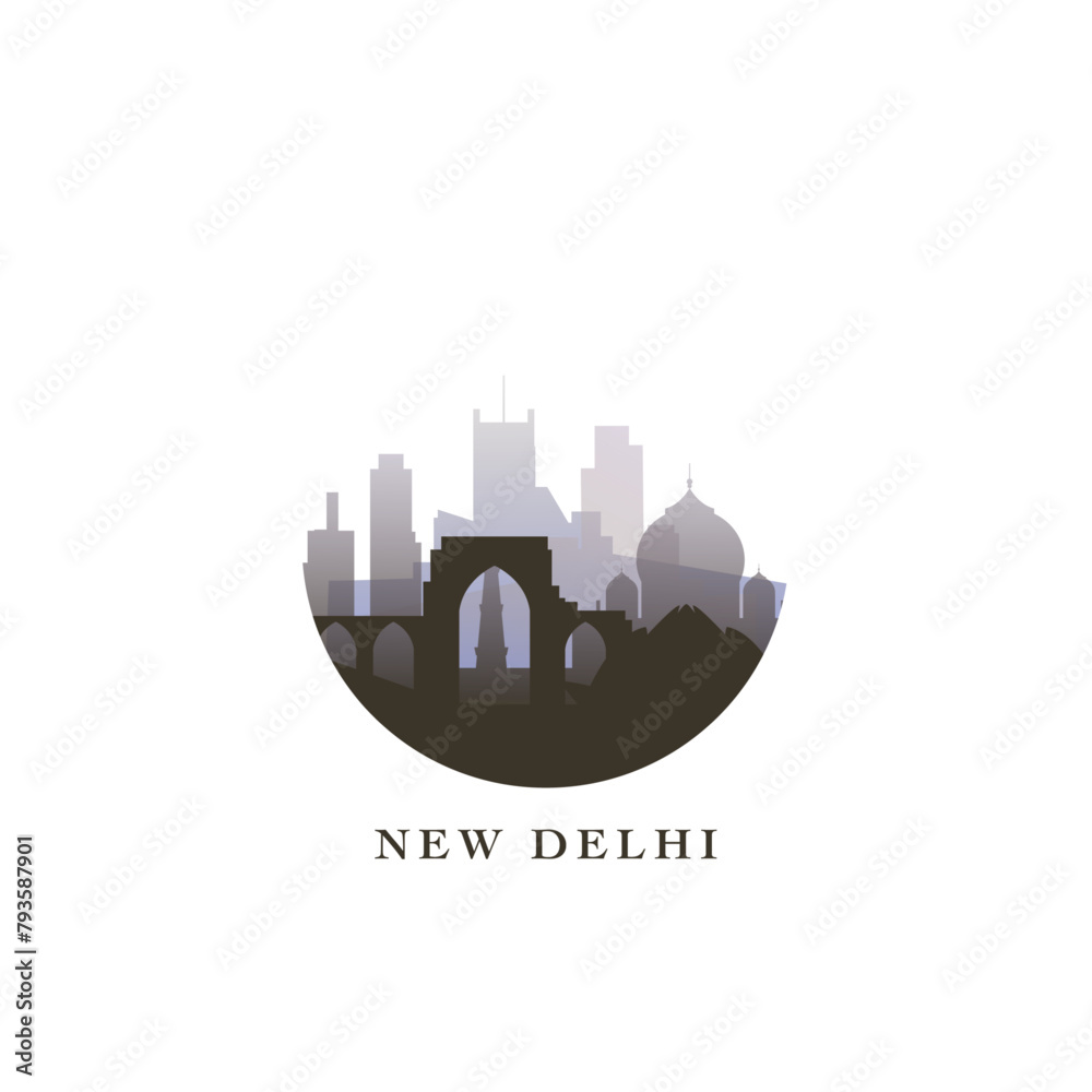 New Delhi cityscape, gradient vector badge, flat skyline logo, icon. India capital city round emblem idea with landmarks and building silhouettes. Isolated graphic